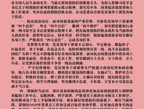 【疫情防控】团结一心，众志成城——致公司全体党员领导干部的倡议书